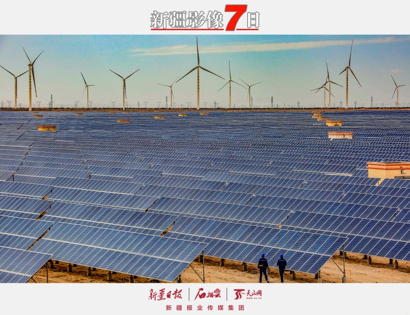 風光互補  電力十足 ——7月25日，工作人員在新疆能源集團哈密煙墩風光互補電站巡檢。 夏日，走進位于哈密市東南部約70公里處的新疆能源集團哈密煙墩風光互補電站，100多臺風力發(fā)電機隨風起舞，50萬塊多晶硅光伏發(fā)電板在陽光下閃閃發(fā)亮，源源不斷的綠色電力通過哈鄭±800kV特高壓直流輸電路直送鄭州。該電站2015年12月并網發(fā)電，是哈密目前已建成的最大風光互補電站，總裝機容量30萬千瓦時，截至目前已累計發(fā)電突破40億千瓦時。 □石榴云/新疆日報記者 蔡增樂攝