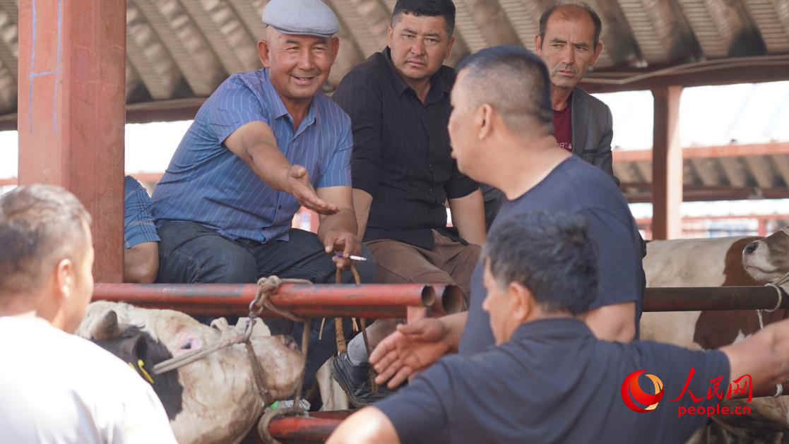 在黃公巴扎的活畜交易區(qū)雙方正在交談。人民網 李龍攝